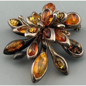 Vintage Baltic Amber Brooch Sterling Silver Sunburst Floral 2" 20.2 g